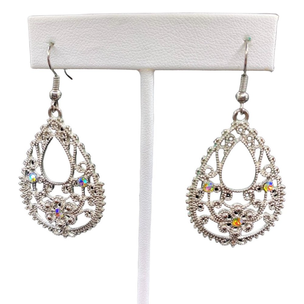 Filigree Dangle Earrings AB Aurora Borealis Silver Tone Metal Teardrop Hook Boho